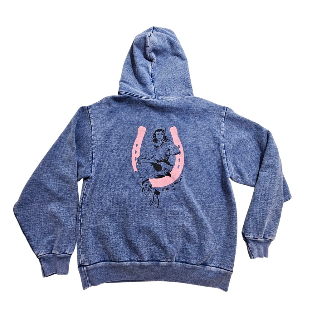 Unbranded Graphic Hoodie Women Medium Blue Acid Wash Cowgirl Horseshoe * Thick